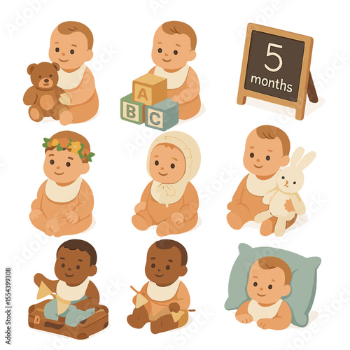 Baby Portrait Icon Set. Isometric Flat icon set of baby portraits with props: teddy bear, wooden block letters, milestone