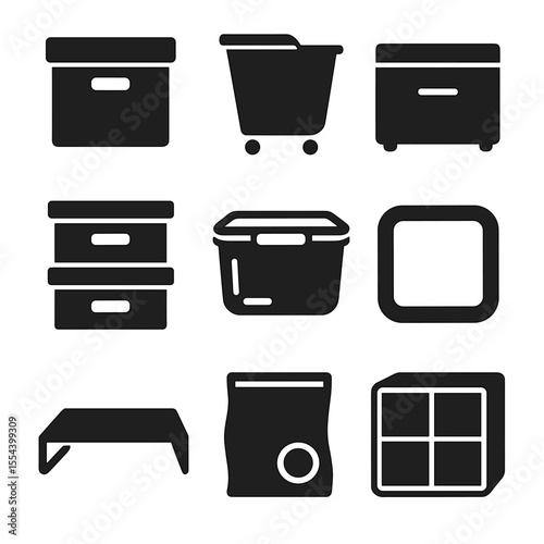 Smart Storage Icons. Solid, filled icons set of smart storage accessories: foldable box, rolling bin, modular