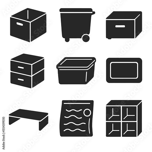 Smart Storage Icons. Solid, filled icons set of smart storage accessories: foldable box, rolling bin, modular
