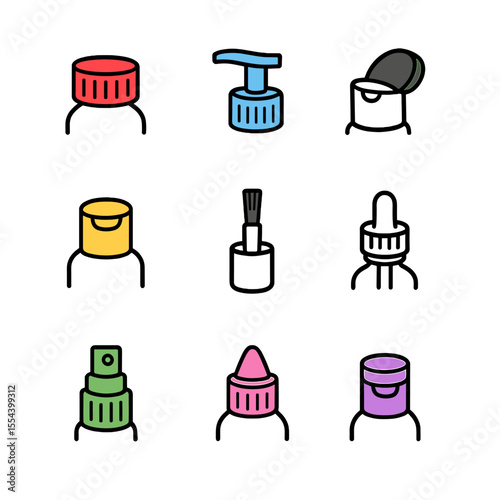 Color-Coded Cap Icons. Outline icon set of Color-Coded Cosmetic Bottle Caps: red screw cap, blue pump cap, black flip-top cap,