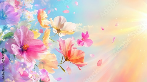 Pastel petals flutter in midair, silhouetted against a glowing springtime sky, evoking freshness and beauty