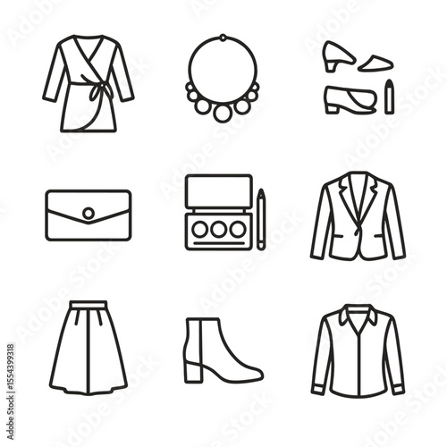 Day-to-Night Travel Outfits. Outline icon set of day-to-night travel looks: wrap dress, statement necklace, convertible heels,
