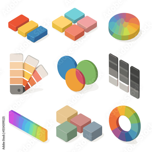 Color Palette Icons. Isometric Flat icon set of color palette design: primary color swatches, pastel square tiles, gradient circle