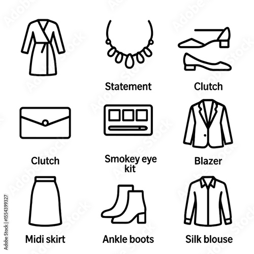 Day-to-Night Travel Outfits. Outline icon set of day-to-night travel looks: wrap dress, statement necklace, convertible heels,