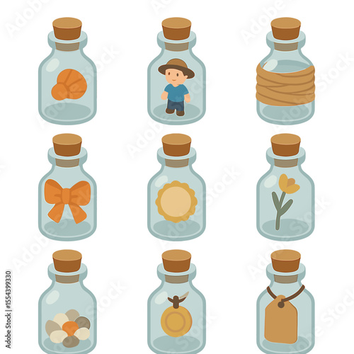 Decorative Bottle Embellishments. Isometric Flat icon set of decorative bottle embellishments: tiny seashell, miniature figurine,