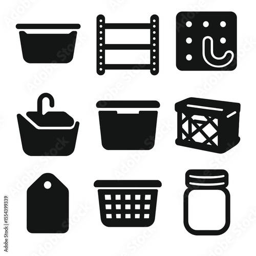Smart Storage Icons. Solid, filled icons set of smart storage solutions: clear tub, metal shelf, pegboard hook