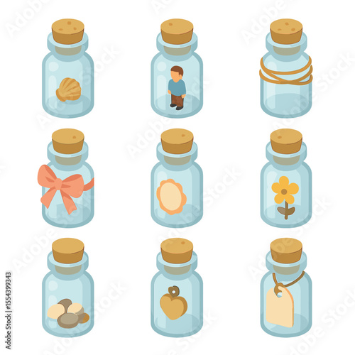 Decorative Bottle Embellishments. Isometric Flat icon set of decorative bottle embellishments: tiny seashell, miniature figurine,