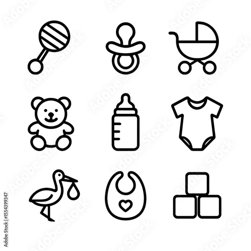 Baby Icon Set. Outline icon set of new baby congratulations: baby rattle, pacifier, baby carriage, teddy bear, baby bottle, onesie