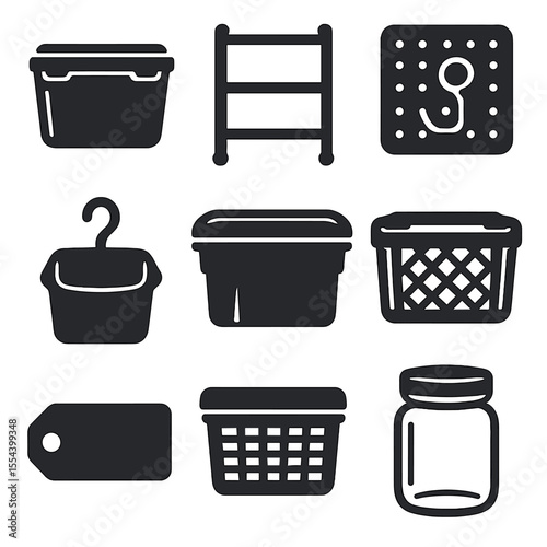 Smart Storage Icons. Solid, filled icons set of smart storage solutions: clear tub, metal shelf, pegboard hook