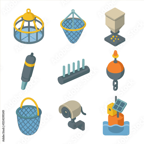 Deep-Sea Aquaculture Icons. Isometric Flat icon set of deep-sea aquaculture technologies: submersible fish cage, underwater