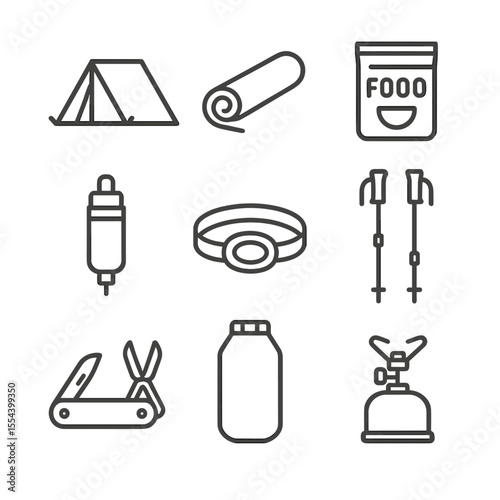 Backpacking Essentials Icons. Outline icon set of backpacking essentials: lightweight tent, sleeping pad, dehydrated food pack,