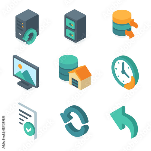 Backup Icon Grid. Isometric Flat icon set of backup and disaster recovery: backup server, tape library, replication icon, snapshot