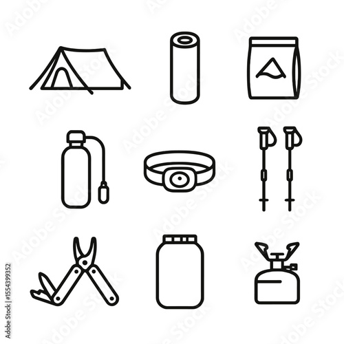 Backpacking Essentials Icons. Outline icon set of backpacking essentials: lightweight tent, sleeping pad, dehydrated food pack,