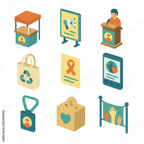 Community Campaign Icons. Isometric Flat icon set of community awareness campaigns: informational booth, poster display, speaker