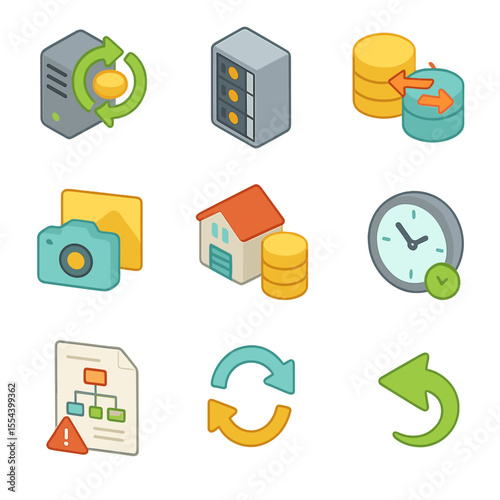 Backup Icon Grid. Isometric Flat icon set of backup and disaster recovery: backup server, tape library, replication icon, snapshot
