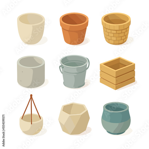 Decorative Planter Icons. Isometric Flat icon set of decorative planter styles: ceramic pot, terracotta pot, woven basket planter,