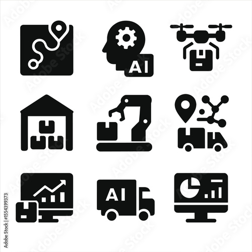 Smart Supply Chain Icons. Solid, filled icons set of intelligent supply chains: route optimization map,