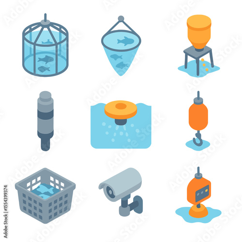 Deep-Sea Aquaculture Icons. Isometric Flat icon set of deep-sea aquaculture technologies: submersible fish cage, underwater