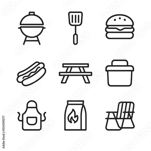 Backyard BBQ Icons. Outline icon set of Backyard Barbecue: grill, spatula, burger, hot dog, picnic table, cooler, apron, charcoal