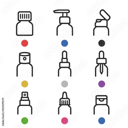 Color-Coded Cap Icons. Outline icon set of Color-Coded Cosmetic Bottle Caps: red screw cap, blue pump cap, black flip-top cap,