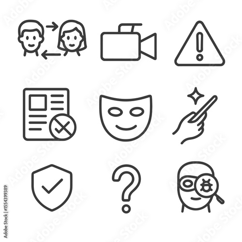 Deepfake Icon Set. Outline icon set of deepfake and misinformation: face swap, video camera, warning sign, fake news article, mask