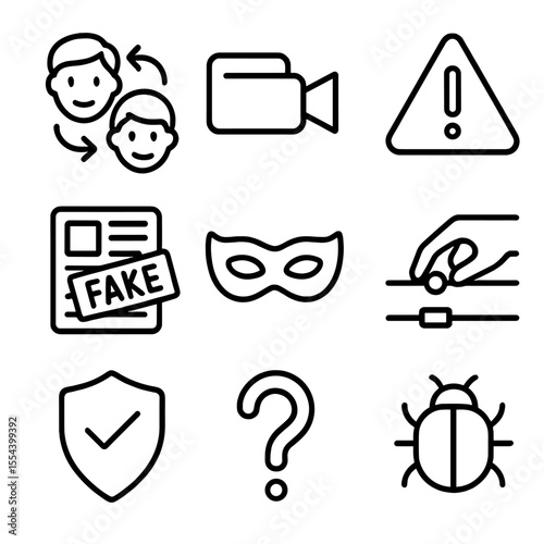 Deepfake Icon Set. Outline icon set of deepfake and misinformation: face swap, video camera, warning sign, fake news article, mask