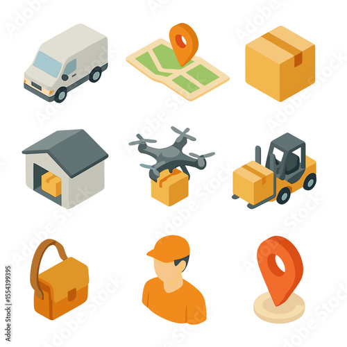 Delivery Logistics Icons. Isometric Flat icon set of delivery and logistics: delivery van, tracking map, package box, warehouse
