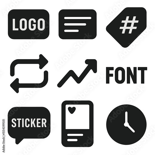 Social Media Icons Grid. Solid, filled icons set of branded social posts: logo text, caption block, hashtag