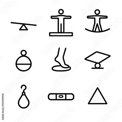 Balance Icon Set. Outline icon set of balance and stability: seesaw plank, human standing on balance beam, tightrope walker,