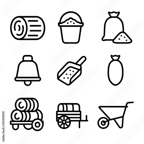 Barnyard Feeding Icons. Outline icon set of barnyard animal feeding: hay bale, feed bucket, grain sack, water trough, cowbell,