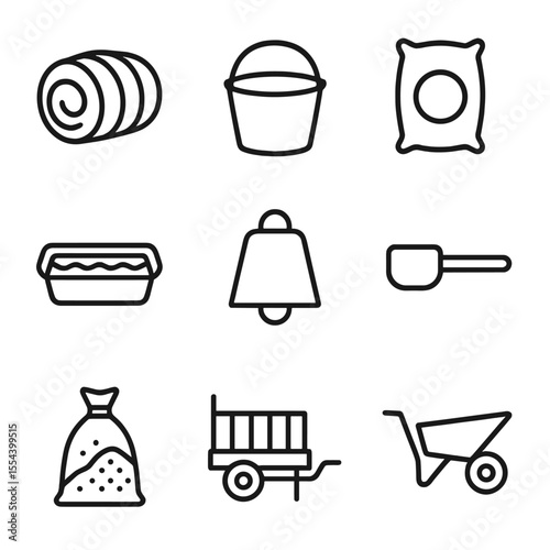 Barnyard Feeding Icons. Outline icon set of barnyard animal feeding: hay bale, feed bucket, grain sack, water trough, cowbell,