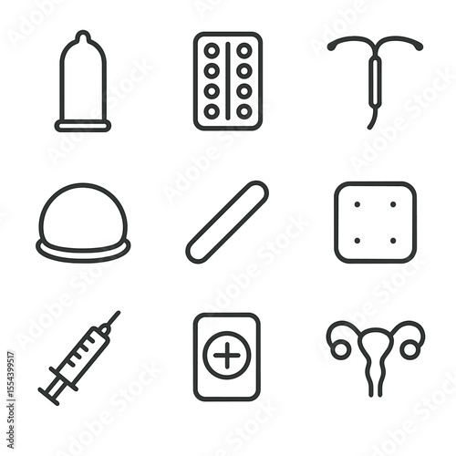 Contraception Icons Grid. Outline icon set of contraception methods: condom, birth control pill, intrauterine device, diaphragm,