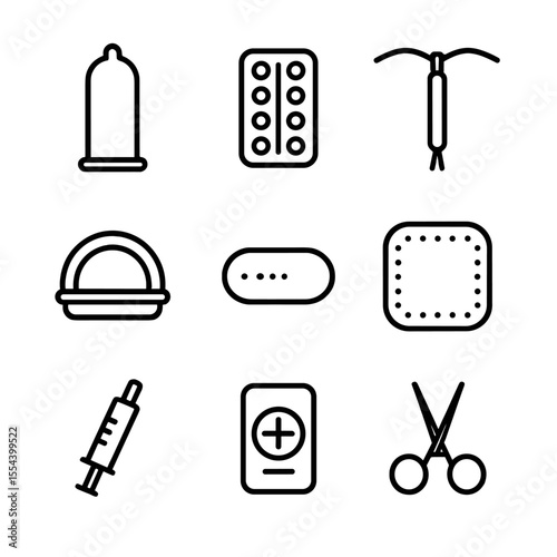 Contraception Icons Grid. Outline icon set of contraception methods: condom, birth control pill, intrauterine device, diaphragm,