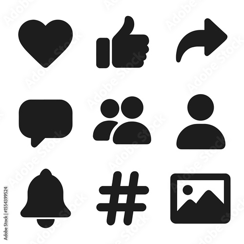 Social Media Icons Grid. Solid, filled icons set of social media: heart, like, share, chat bubble, follower,