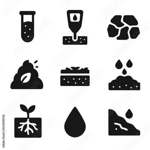 Soil Health Icon Set. Solid, filled icons set of soil health and moisture: soil test tube, moisture meter,