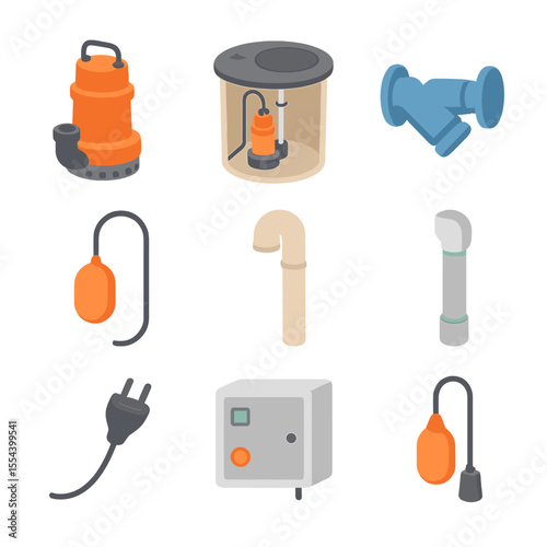 Basement Sewage Icons. Isometric Flat icon set of basement sewage ejector pump system: sewage pump unit, ejector pit basin, check
