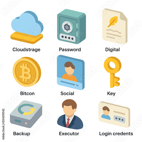 Digital Asset Icon Set. Isometric Flat icon set of digital asset planning: cloud drive icon, password vault, digital will file,