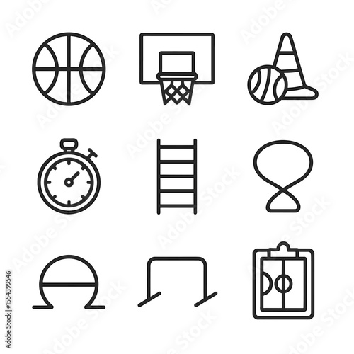 Basketball Training Icons. Outline icon set of basketball training drills: basketball, hoop, dribbling cone, stopwatch, training