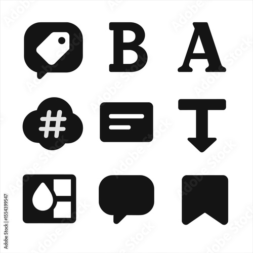 Social Media Icon Set. Solid, filled icons set of social media caption styles: tag bubble, font weight icon,