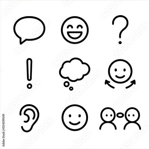 Conversation Icons Grid. Outline icon set of conversation elements: speech bubble, laughter icon, question mark, exclamation mark,