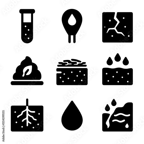 Soil Health Icon Set. Solid, filled icons set of soil health and moisture: soil test tube, moisture meter,