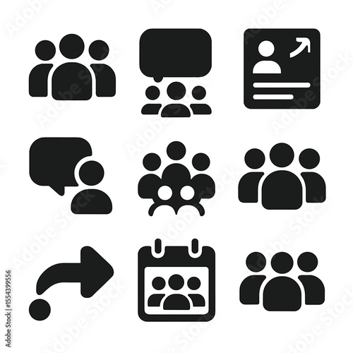 Social Media Icon Grid. Solid, filled icons set of social media group interactions: group icon, digital chat,