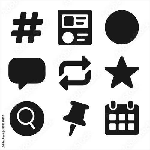 Social Media Icons Grid. Solid, filled icons set of social media brand storytelling: hashtag symbol, post