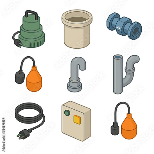 Basement Sewage Icons. Isometric Flat icon set of basement sewage ejector pump system: sewage pump unit, ejector pit basin, check