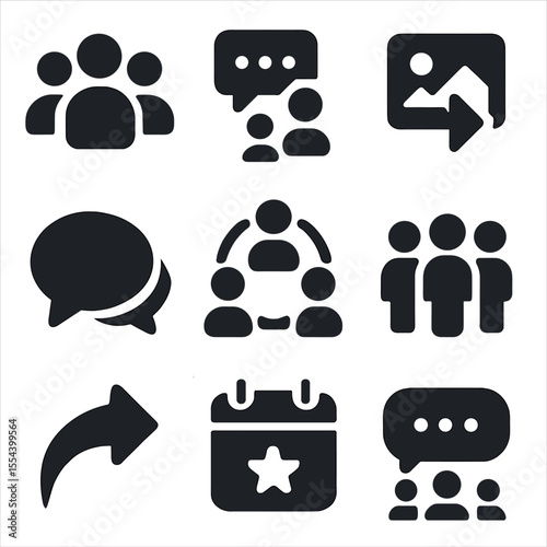 Social Media Icon Grid. Solid, filled icons set of social media group interactions: group icon, digital chat,