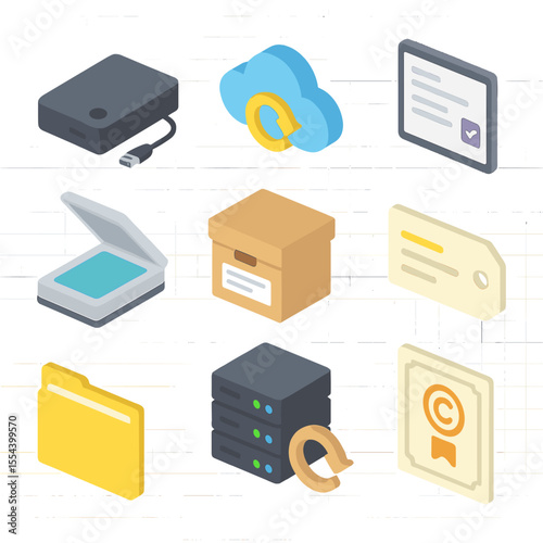 Digital Archiving Icons. Isometric Flat icon set of digital archiving and preservation: external hard drive, cloud storage icon,