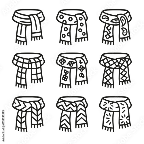 Cotton Scarf Pattern Icons. Outline icon set of cotton scarf patterns: stripes, polka dots, paisley, checkered, floral, geometric,