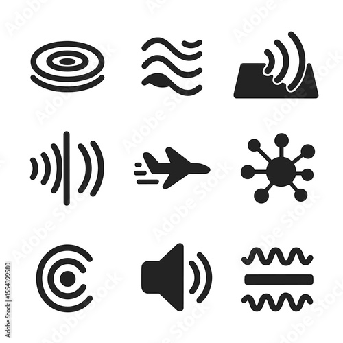 Sound Transmission Icons. Solid, filled icons set of sound transmission through mediums: water ripple, air