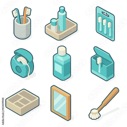 Bathroom Cabinet Icons. Isometric Flat icon set of bathroom cabinet storage items: toothbrush holder, toothpaste organizer tray,