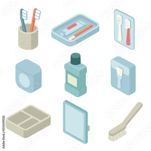 Bathroom Cabinet Icons. Isometric Flat icon set of bathroom cabinet storage items: toothbrush holder, toothpaste organizer tray,